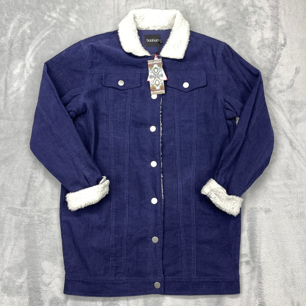 New Boohoo Borg Long Line Cord Jacket Women 4 Navy Sherpa Collar & Cuff Buttoned